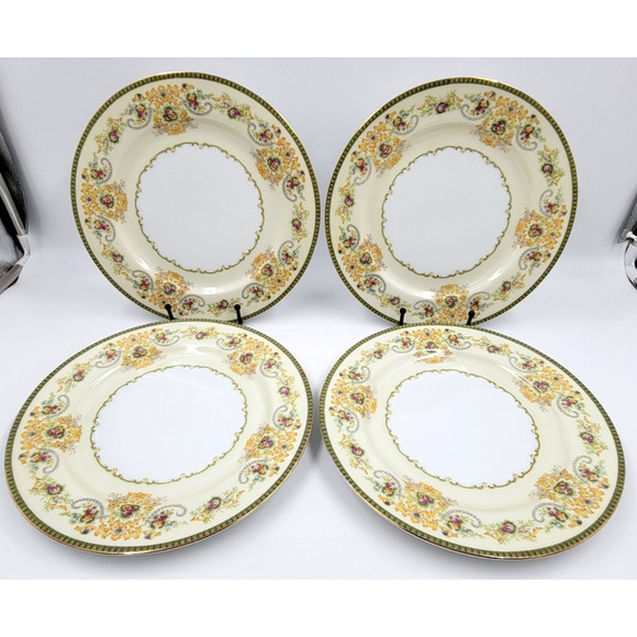 P.B. Japan Charm 9 7/8" Dinner Plate Floral Scroll Gold Trim 1950 1960s Set of 4 - Picture 3 of 5